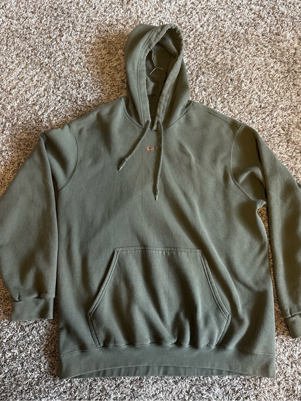 Nike Olive Green Pullover Hoodie Orange center swoosh silver tag xl vintage
